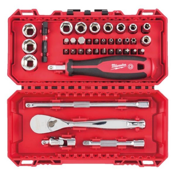 Estuche 38 piezas con carraca y vasos 1/4" métricos compatible con PACKOUT | Milwaukee