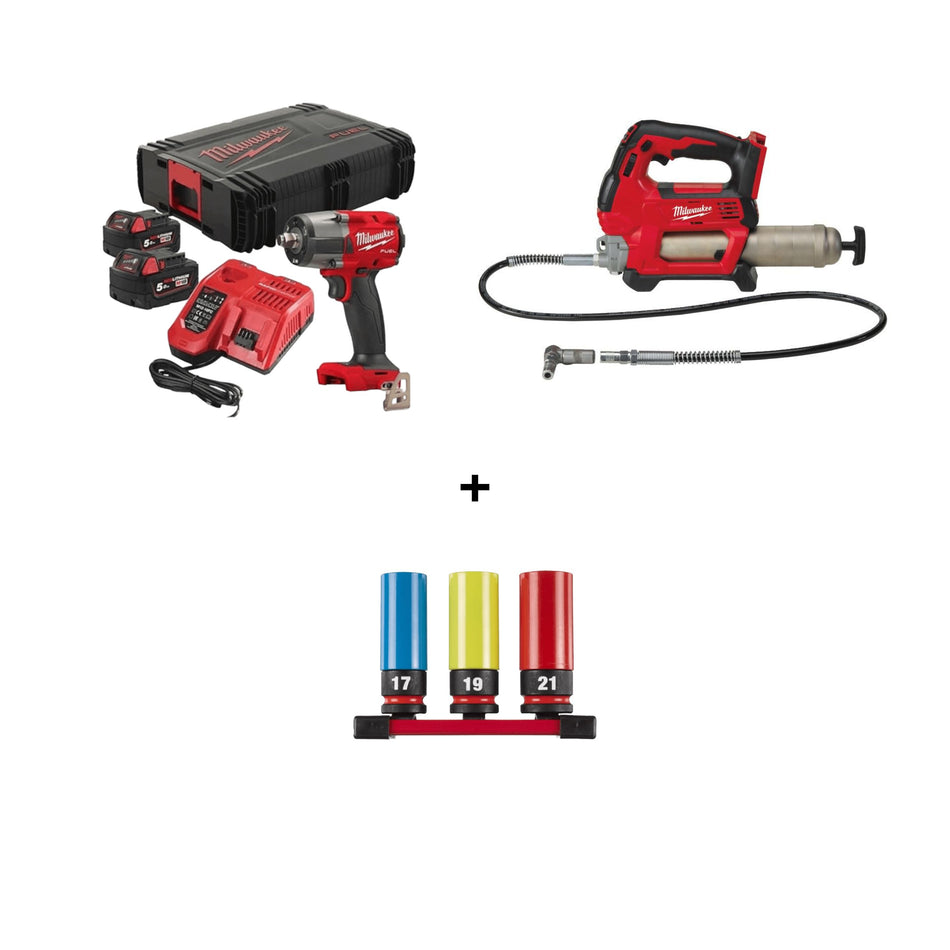 Combo carro Herramientas+ Engrasadora M18 + Llave de impacto M18 + Juego 3pcs Vasos | Milwaukee