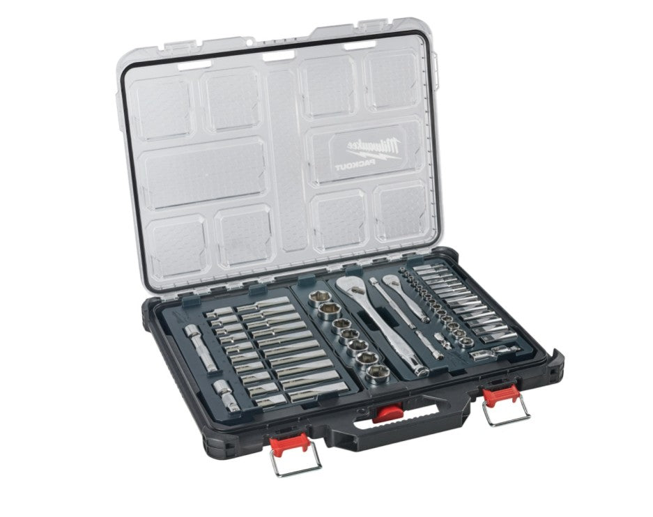 Juego de 63 piezas con vasos y carraca 1/4" y 1/2" en PACKOUT | Milwaukee